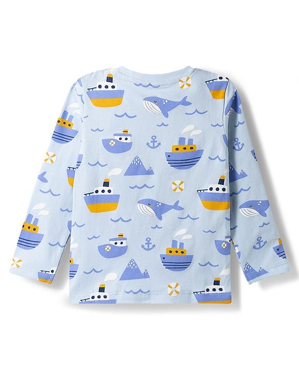 Babyhug Cotton Knit Full Sleeves T-Shirt & Pyjama Co-ord Night Suit with Nautical Print - Blue