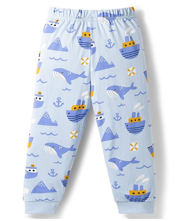 Babyhug Cotton Knit Full Sleeves T-Shirt & Pyjama Co-ord Night Suit with Nautical Print - Blue