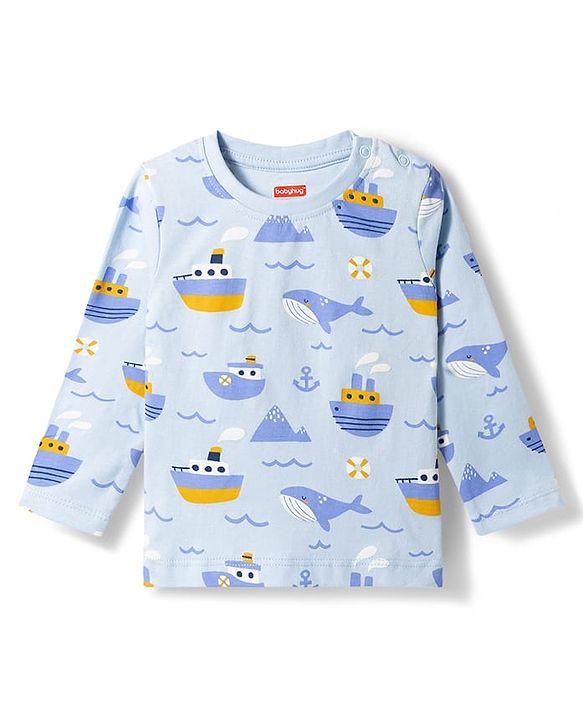 Babyhug Cotton Knit Full Sleeves T-Shirt & Pyjama Co-ord Night Suit with Nautical Print - Blue