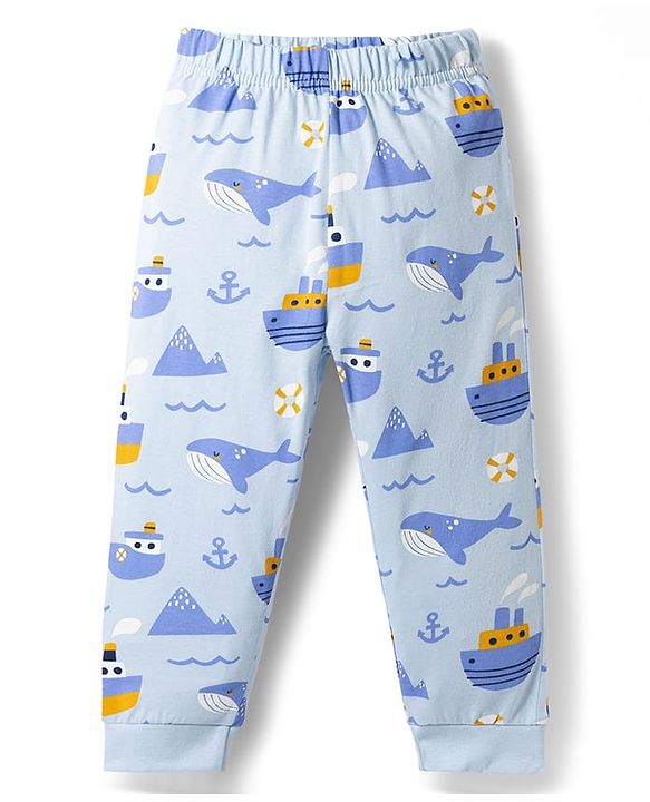 Babyhug Cotton Knit Full Sleeves T-Shirt & Pyjama Co-ord Night Suit with Nautical Print - Blue