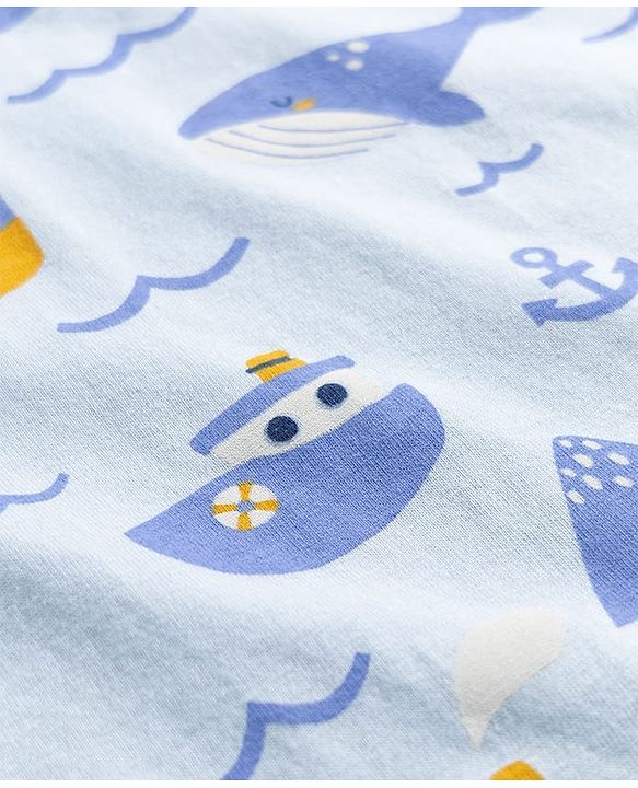 Babyhug Cotton Knit Full Sleeves T-Shirt & Pyjama Co-ord Night Suit with Nautical Print - Blue