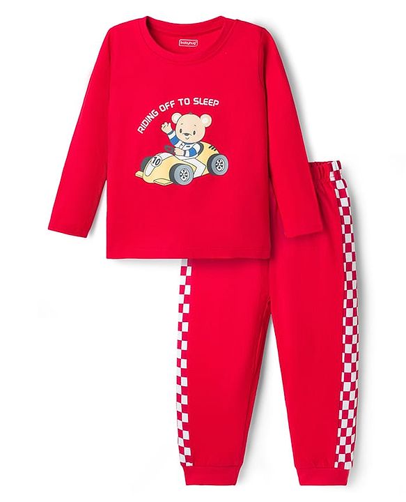 Babyhug 100% Cotton Knit Full Sleeves T-Shirt & Pyjama Night Suit With Teddy Bear Print - Red