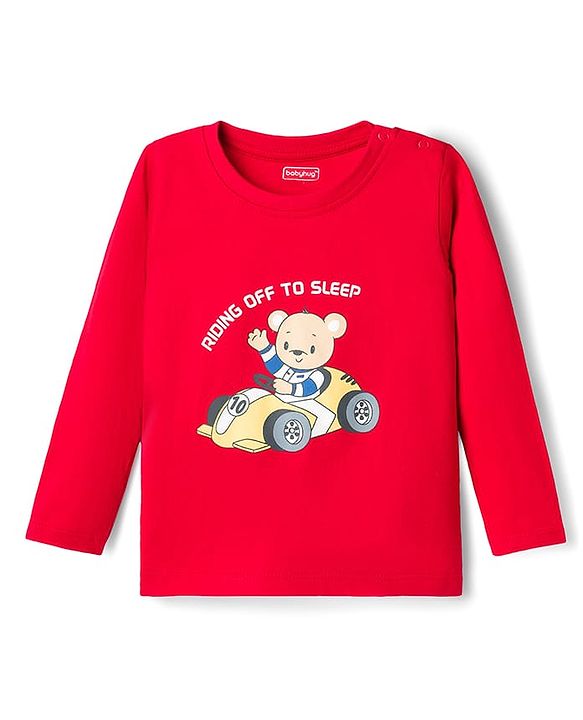 Babyhug 100% Cotton Knit Full Sleeves T-Shirt & Pyjama Night Suit With Teddy Bear Print - Red