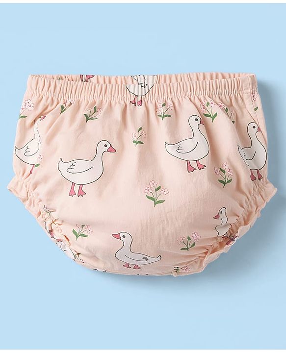 Babyhug 100% Cotton Interlock Knit Half Sleeves Floral & Birds Printed Frock With Bloomer - Pink