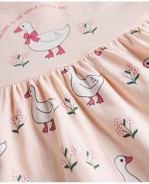 Babyhug 100% Cotton Interlock Knit Half Sleeves Floral & Birds Printed Frock With Bloomer - Pink