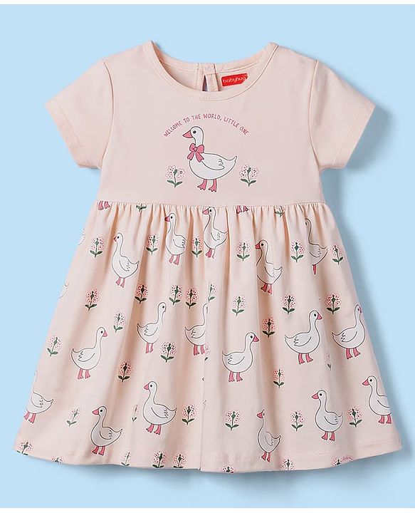 Babyhug 100% Cotton Interlock Knit Half Sleeves Floral & Birds Printed Frock With Bloomer - Pink