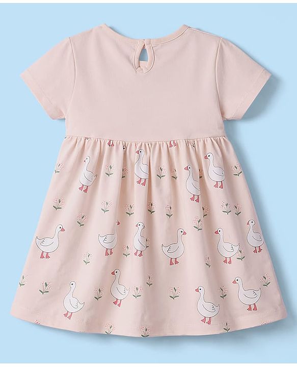 Babyhug 100% Cotton Interlock Knit Half Sleeves Floral & Birds Printed Frock With Bloomer - Pink