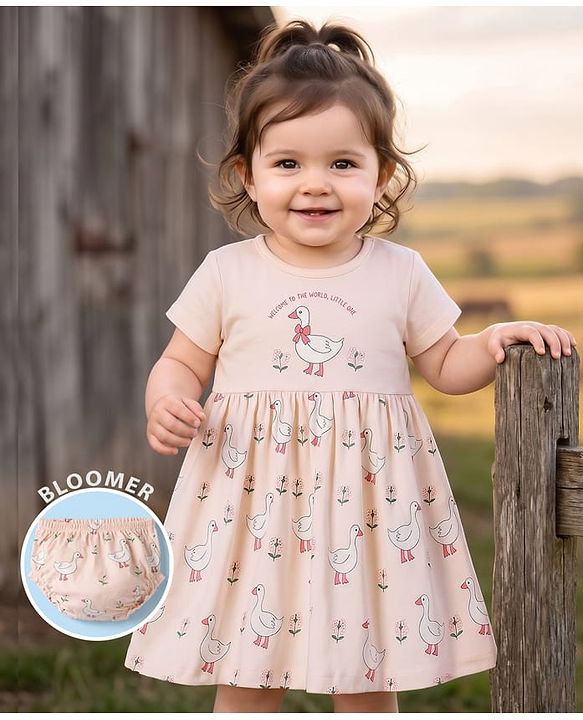 Babyhug 100% Cotton Interlock Knit Half Sleeves Floral & Birds Printed Frock With Bloomer - Pink