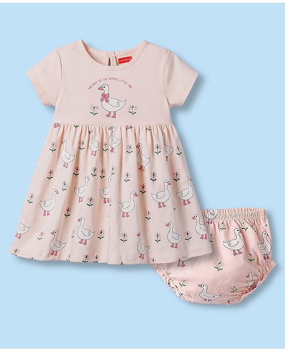Babyhug 100% Cotton Interlock Knit Half Sleeves Floral & Birds Printed Frock With Bloomer - Pink