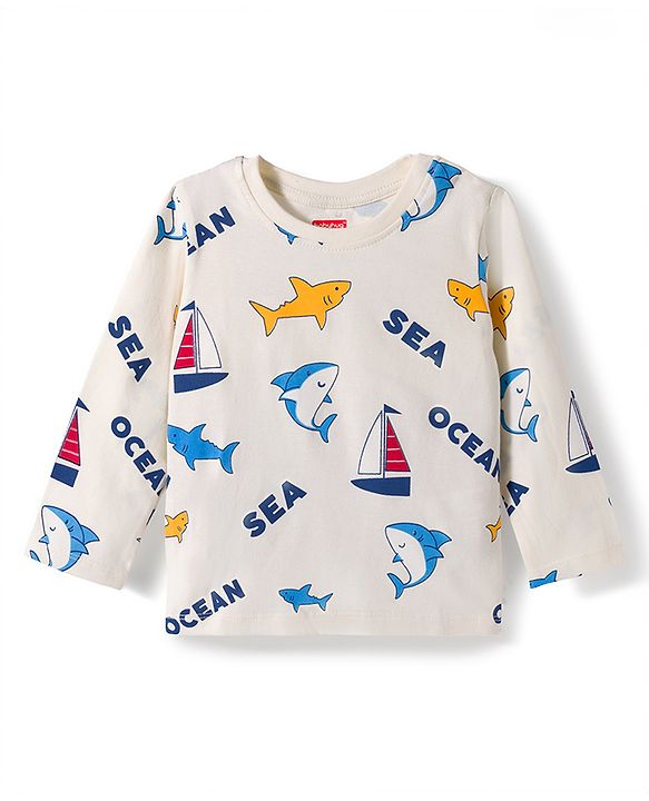 Babyhug Cotton Knit Full Sleeves T-Shirt & Pyjama Co-ord Night Suit With Shark Print - Light Grey
