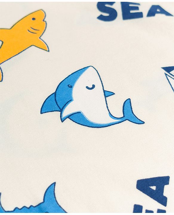 Babyhug Cotton Knit Full Sleeves T-Shirt & Pyjama Co-ord Night Suit With Shark Print - Light Grey