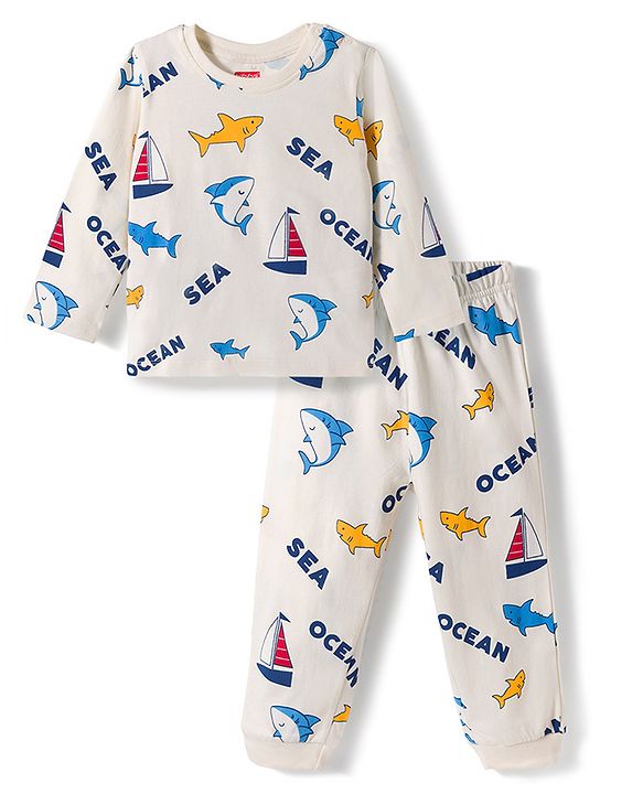 Babyhug Cotton Knit Full Sleeves T-Shirt & Pyjama Co-ord Night Suit With Shark Print - Light Grey
