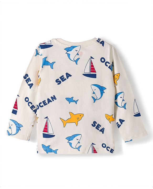 Babyhug Cotton Knit Full Sleeves T-Shirt & Pyjama Co-ord Night Suit With Shark Print - Light Grey