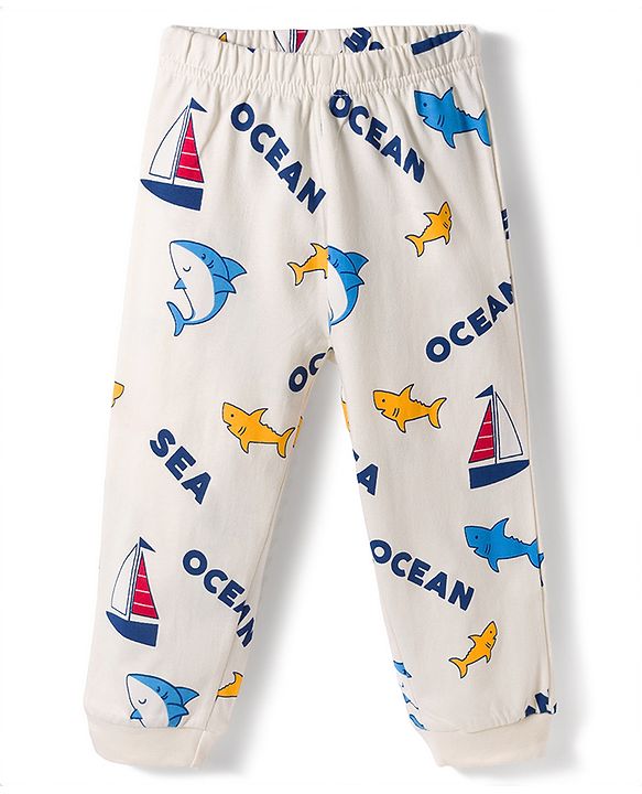 Babyhug Cotton Knit Full Sleeves T-Shirt & Pyjama Co-ord Night Suit With Shark Print - Light Grey