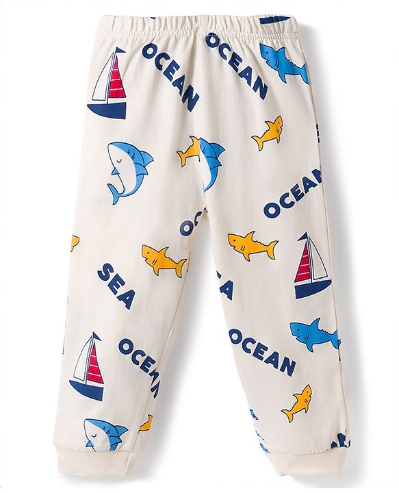 Babyhug Cotton Knit Full Sleeves T-Shirt & Pyjama Co-ord Night Suit With Shark Print - Light Grey