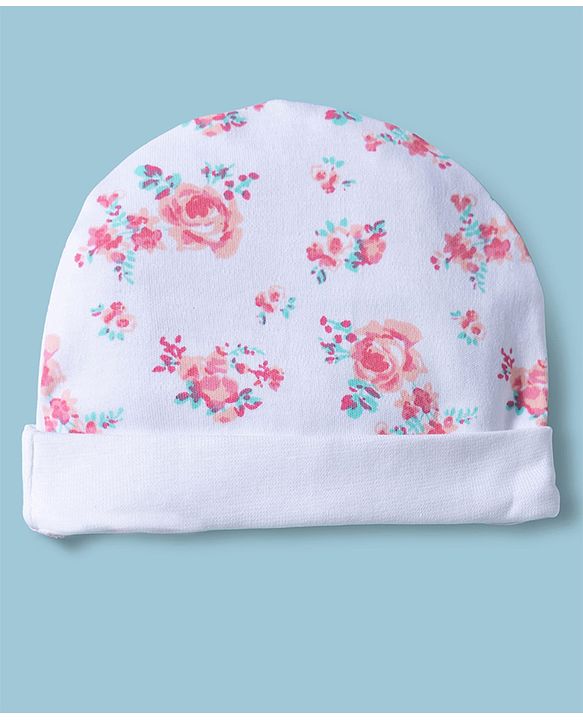 Babyhug 100% Cotton Interlock Knit Cap Mittens & Booties With Floral Print Multicolor - Diameter 14 cm