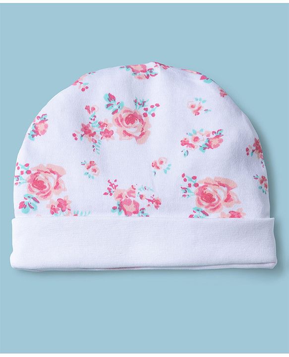 Babyhug 100% Cotton Interlock Knit Cap Mittens & Booties With Floral Print Multicolor - Diameter 14 cm