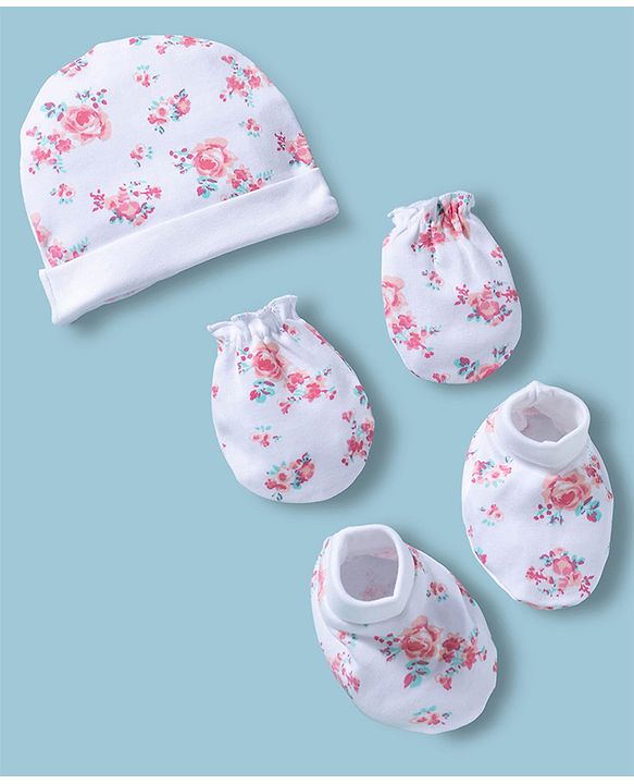 Babyhug 100% Cotton Interlock Knit Cap Mittens & Booties With Floral Print Multicolor - Diameter 14 cm