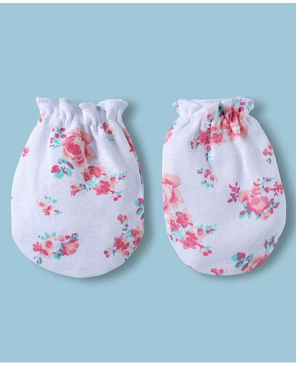 Babyhug 100% Cotton Interlock Knit Cap Mittens & Booties With Floral Print Multicolor - Diameter 14 cm
