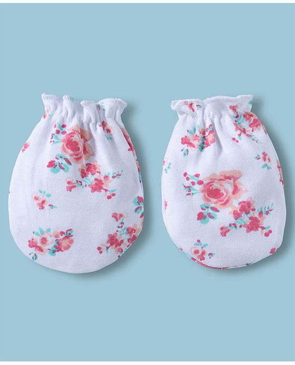Babyhug 100% Cotton Interlock Knit Cap Mittens & Booties With Floral Print Multicolor - Diameter 14 cm
