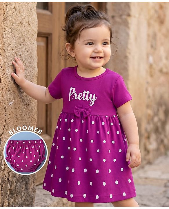 Babyhug Interlock Knit Half Sleeves Frock with Polka Dot Print & Bloomer - Dark Pink