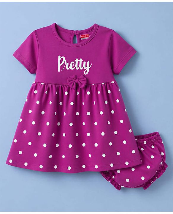 Babyhug Interlock Knit Half Sleeves Frock with Polka Dot Print & Bloomer - Dark Pink