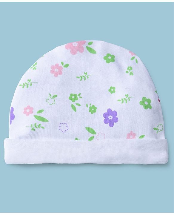 Babyhug 100% Cotton Interlock Knit Cap Mittens & Booties With Floral Print Multicolor - Diameter 15.5 cm
