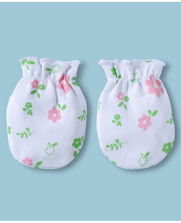 Babyhug 100% Cotton Interlock Knit Cap Mittens & Booties With Floral Print Multicolor - Diameter 15.5 cm