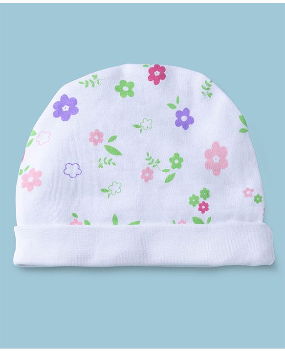 Babyhug 100% Cotton Interlock Knit Cap Mittens & Booties With Floral Print Multicolor - Diameter 15.5 cm