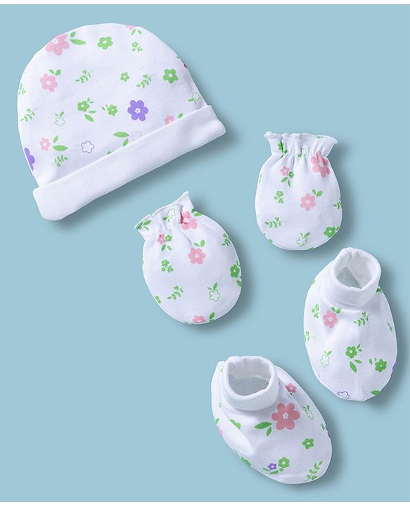 Babyhug 100% Cotton Interlock Knit Cap Mittens & Booties With Floral Print Multicolor - Diameter 15.5 cm