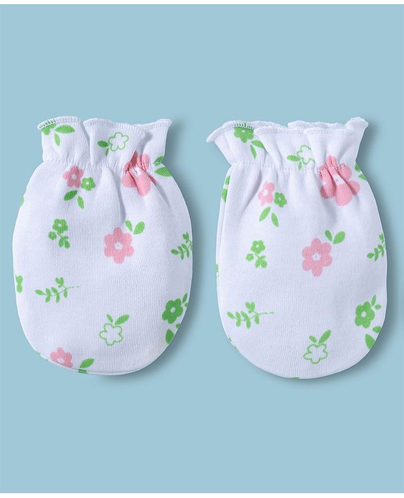Babyhug 100% Cotton Interlock Knit Cap Mittens & Booties With Floral Print Multicolor - Diameter 15.5 cm