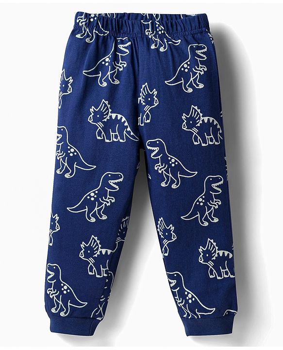 Babyhug Cotton Knit Full Sleeves Dino Printed Co-Ords T-Shirt & Pyjama Night Suit - Navy Blue