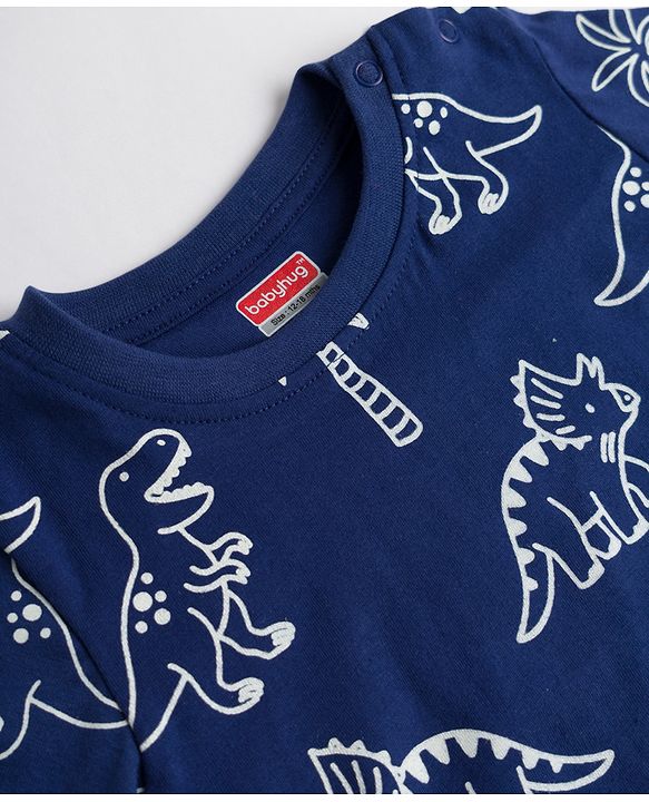Babyhug Cotton Knit Full Sleeves Dino Printed Co-Ords T-Shirt & Pyjama Night Suit - Navy Blue