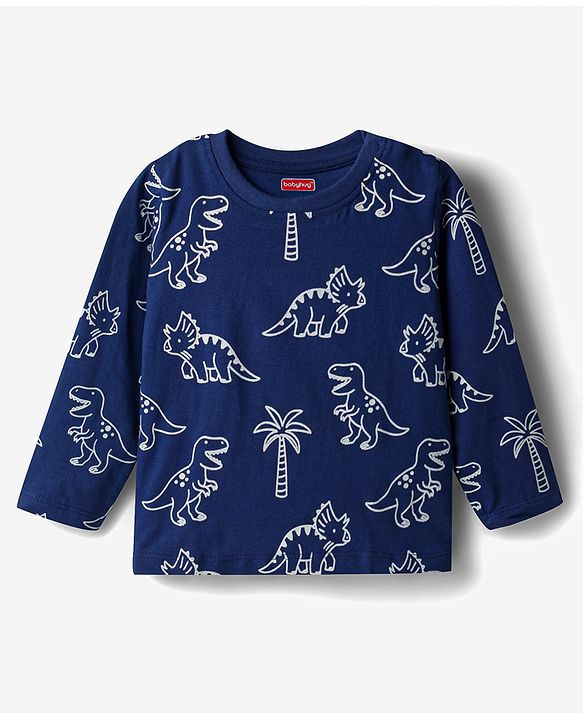 Babyhug Cotton Knit Full Sleeves Dino Printed Co-Ords T-Shirt & Pyjama Night Suit - Navy Blue