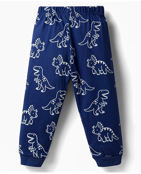 Babyhug Cotton Knit Full Sleeves Dino Printed Co-Ords T-Shirt & Pyjama Night Suit - Navy Blue