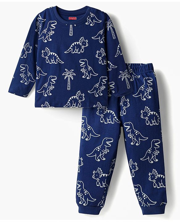 Babyhug Cotton Knit Full Sleeves Dino Printed Co-Ords T-Shirt & Pyjama Night Suit - Navy Blue