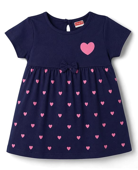 Babyhug Interlock Knit Half Sleeves Hearts Printed Frock With Bloomer - Navy Blue