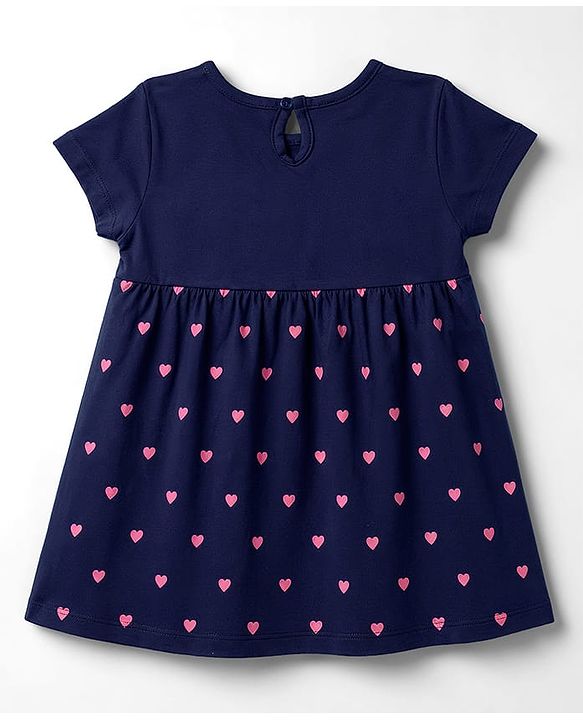 Babyhug Interlock Knit Half Sleeves Hearts Printed Frock With Bloomer - Navy Blue