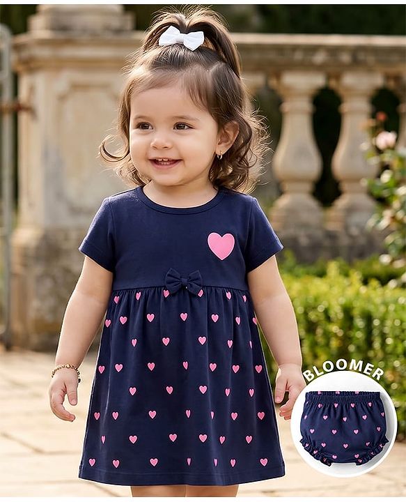 Babyhug Interlock Knit Half Sleeves Hearts Printed Frock With Bloomer - Navy Blue