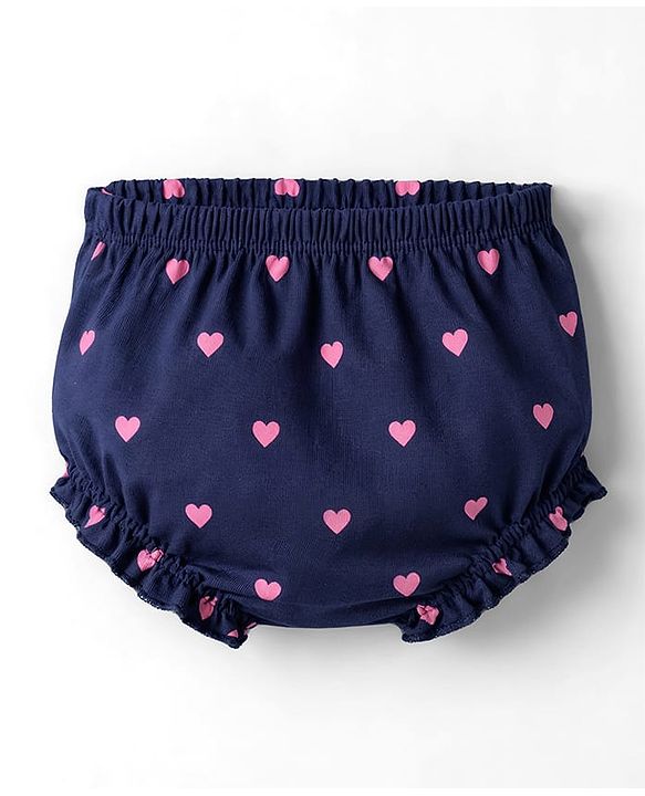 Babyhug Interlock Knit Half Sleeves Hearts Printed Frock With Bloomer - Navy Blue