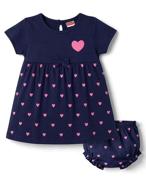 Babyhug Interlock Knit Half Sleeves Hearts Printed Frock With Bloomer - Navy Blue
