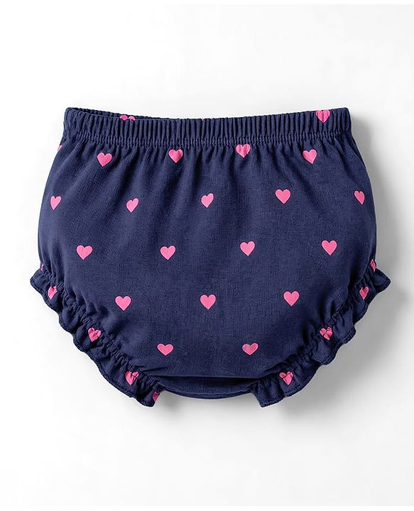 Babyhug Interlock Knit Half Sleeves Hearts Printed Frock With Bloomer - Navy Blue