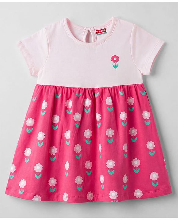 Babyhug Interlock Knit Half Sleeves Frock with Floral Print & Bloomer - Pink