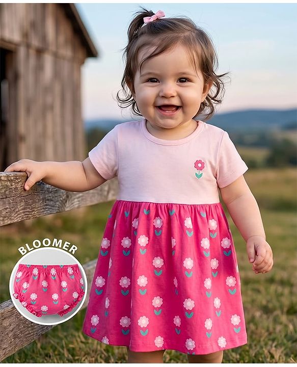 Babyhug Interlock Knit Half Sleeves Frock with Floral Print & Bloomer - Pink