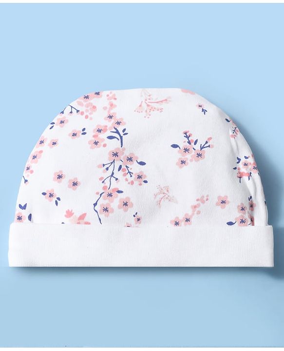 Babyhug 100% Cotton Interlock Knit Floral Print Cap Mittens and Booties - Whte