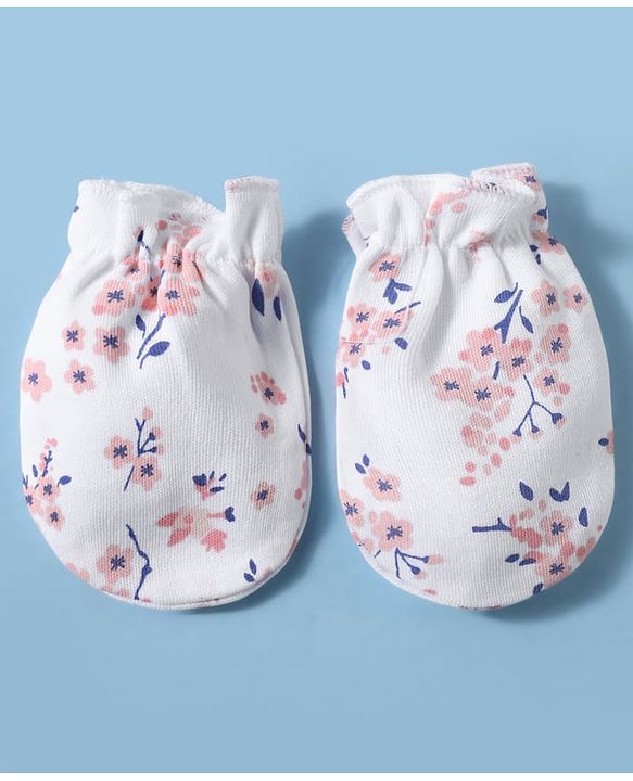 Babyhug 100% Cotton Interlock Knit Floral Print Cap Mittens and Booties - Whte