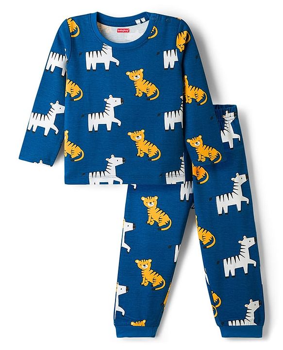 Babyhug 100% Cotton Knit Full Sleeves T-Shirt & Pyjama Co-ord Night Suit with Tiger & Zebra Print - Teal Blue