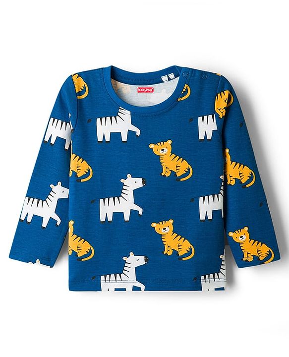 Babyhug 100% Cotton Knit Full Sleeves T-Shirt & Pyjama Co-ord Night Suit with Tiger & Zebra Print - Teal Blue