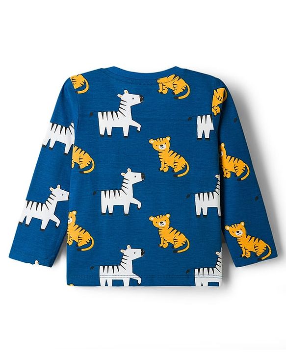Babyhug 100% Cotton Knit Full Sleeves T-Shirt & Pyjama Co-ord Night Suit with Tiger & Zebra Print - Teal Blue