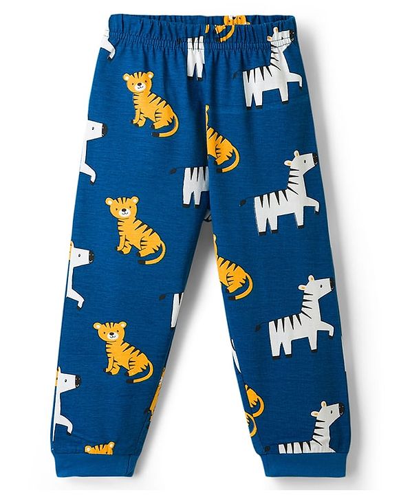 Babyhug 100% Cotton Knit Full Sleeves T-Shirt & Pyjama Co-ord Night Suit with Tiger & Zebra Print - Teal Blue